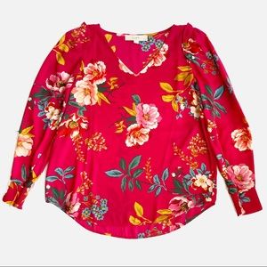 LOFT floral long sleeve blouse size small petite SP deep pink